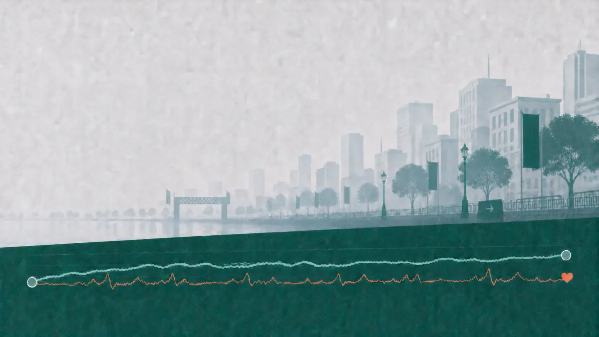 An illustrated endurance event course through an urban waterfront